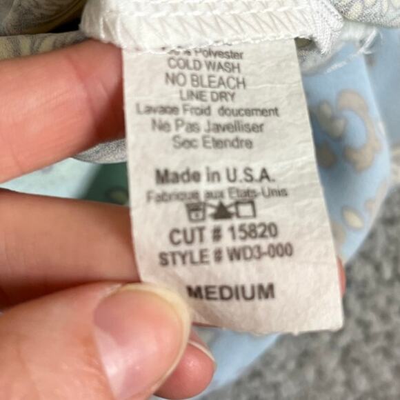 Jess & Jane Tunic Top Medium Geometric Damask V Neck Blue Gold Shirt - Picture 10 of 12